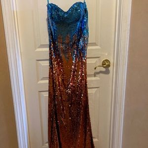 Copper and blue dress